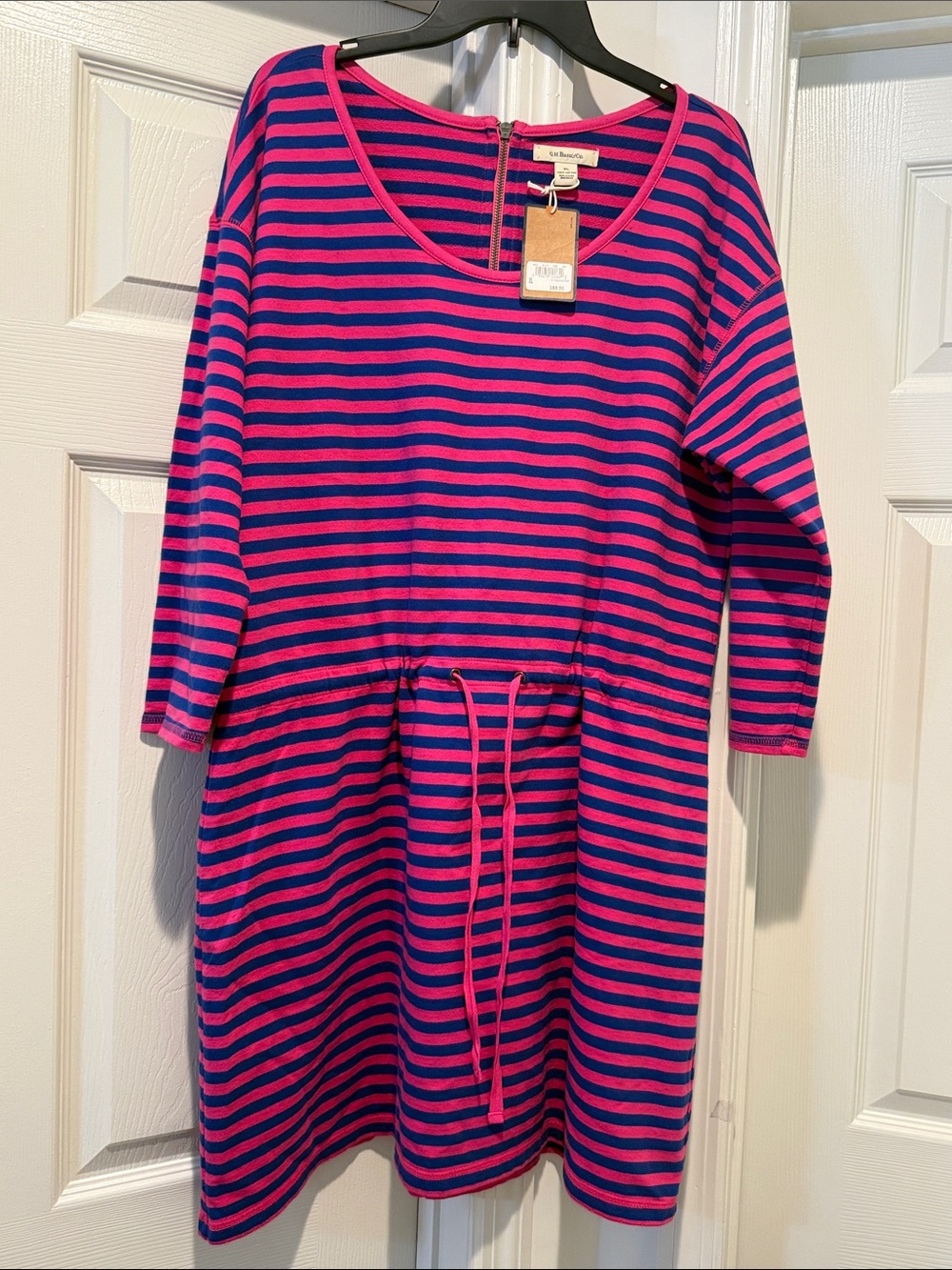 NWT Fuchsia Navy Striped Drawstring Waist Dress 3/4 Sleeve French Girl Preppy XL
